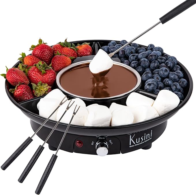 Kusini Electric Fondue Pot Set - Chocolate and Cheese Fondue - Temperature Control, Detachable Serving Trays, & 4 Roasting Forks - Gift Set & Date Night Idea. Serve at Movie Night or Game Night.