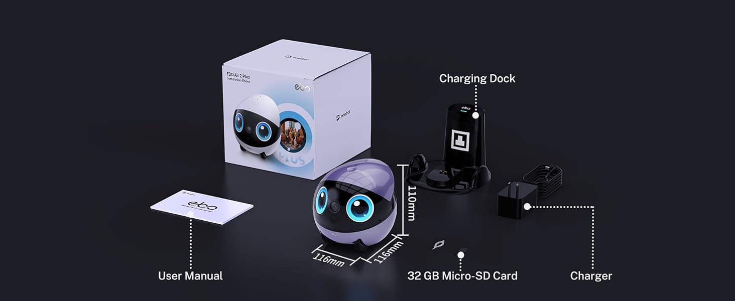 Indoor Security Camera Robot EBO Air 2 PLUS: 2K Pet Camera. Movable Home Robot. Custom Facial Expression. Auto-Recharge. Battery-Operated. 2-Way Talk. Night Vision. 32GB Memory Card