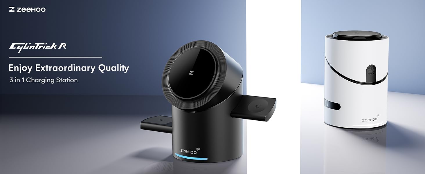 ZEEHOO 3 in 1 Charging Station for Apple Devices. Mag-Safe Charger Stand. Qi2 15W Auto-Rotating Wireless Charger for iPhone 17 16/15/14/13/12 Series& AirPods& iWatch(Black)