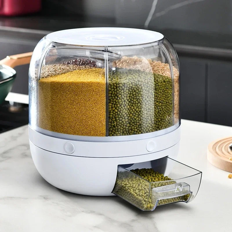6kg Rotating Grain Dispenser Food Storage Container Large Sealed Rice Barrel Cereal Dispenser Bucket Organizer Kitchen Supplies