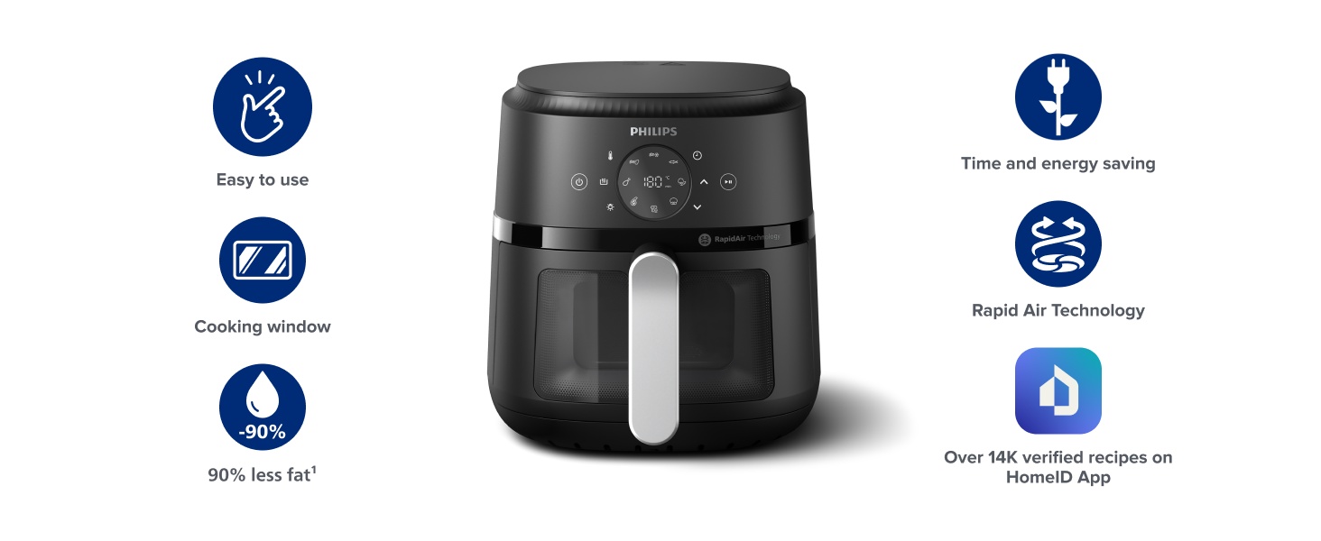 Philips 2000 Series Airfryer - RapidAir Technology. 13-in-1 Ways to Cook. 4.4QT Capacity. Healthier Meals Up to 90% Less Fat. Easy to Clean. Dishwasher Safe. Touchscreen Control. HomeID App (NA221/00)