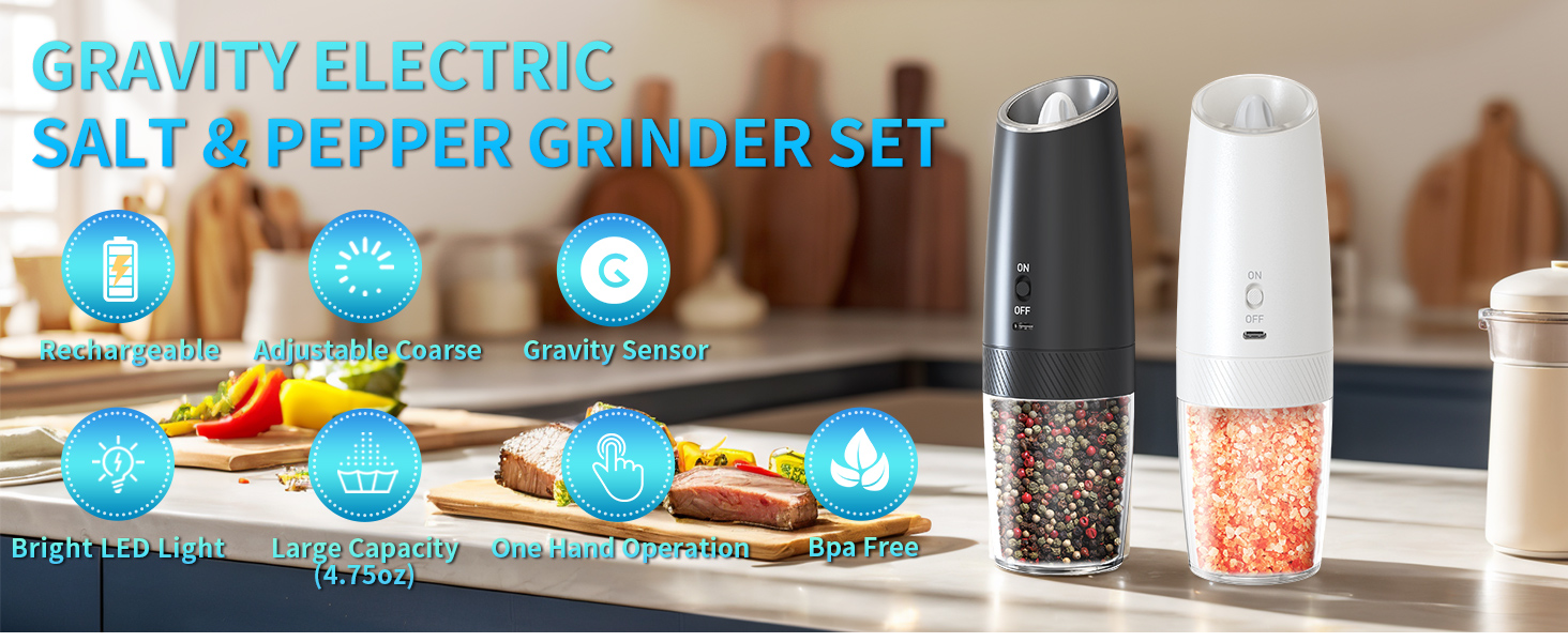 CIRCLE JOY Rechargeable Salt and Pepper Grinder Set Gravity Electric Salt and Pepper Grinder Set. LED Light. Adjustable Coarseness. for Home Kitchen BBQ. Black & White
