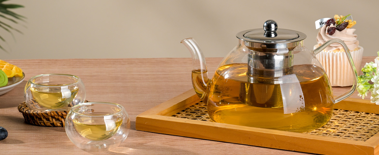 1200ml/40 oz Glass Teapot with 4 Double Wall Teacups and Removable Stainless Steel Infuser. Tea Sets for Adults. Clear Tea Kettle Stovetop Safe for Loose Leaf and Blooming Tea.Gifts for Christmas