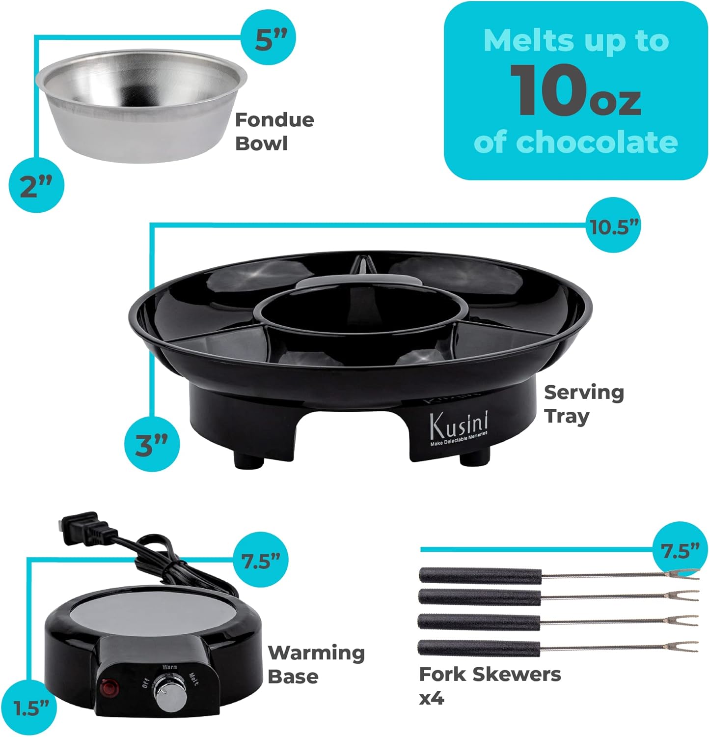 Kusini Electric Fondue Pot Set - Chocolate and Cheese Fondue - Temperature Control, Detachable Serving Trays, & 4 Roasting Forks - Gift Set & Date Night Idea. Serve at Movie Night or Game Night.