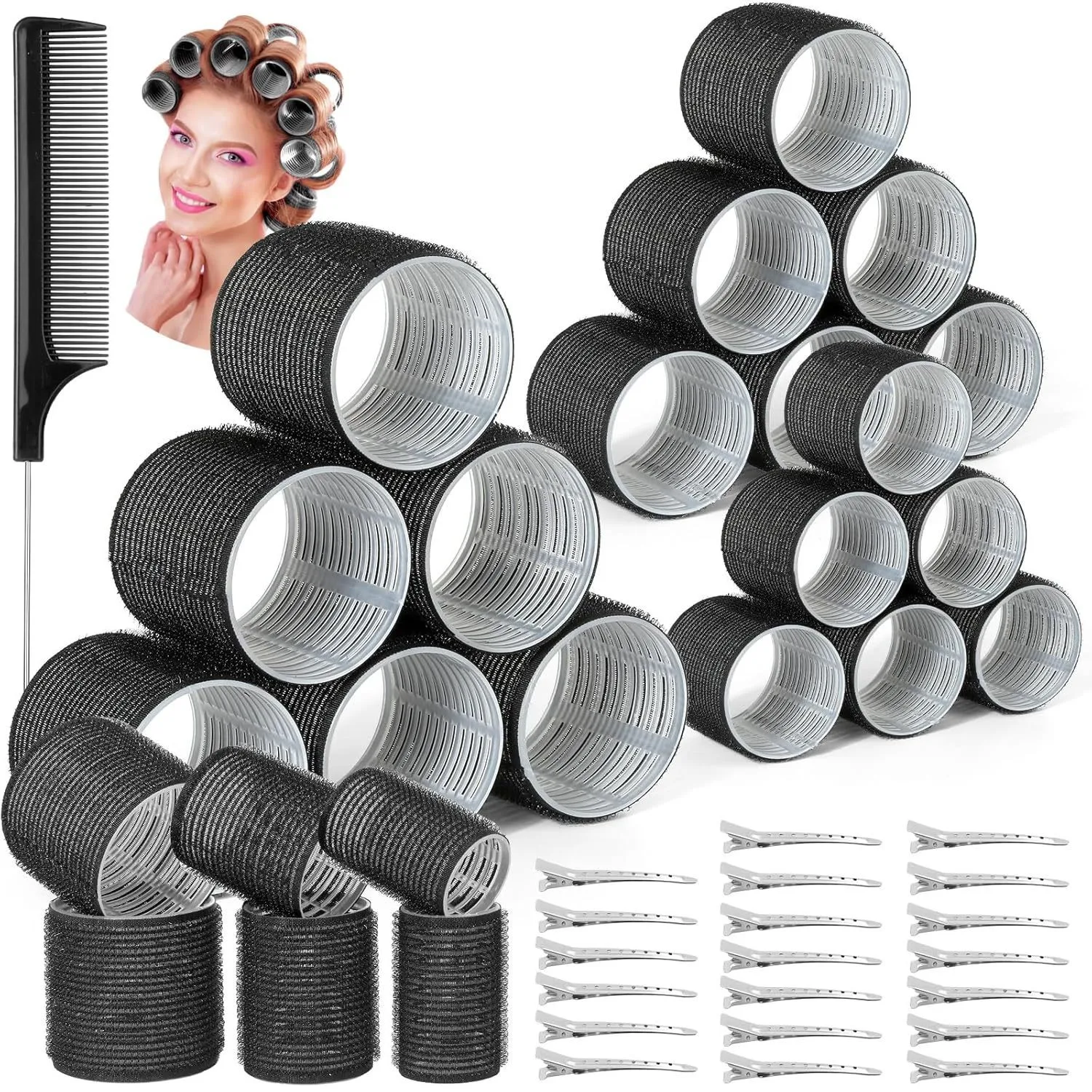 Waydress 6 Pcs Double Layer Bangs Hair Curlers Self Grip Hair Rollers Styling Tools with Rat Tail Comb. 3 Sizes