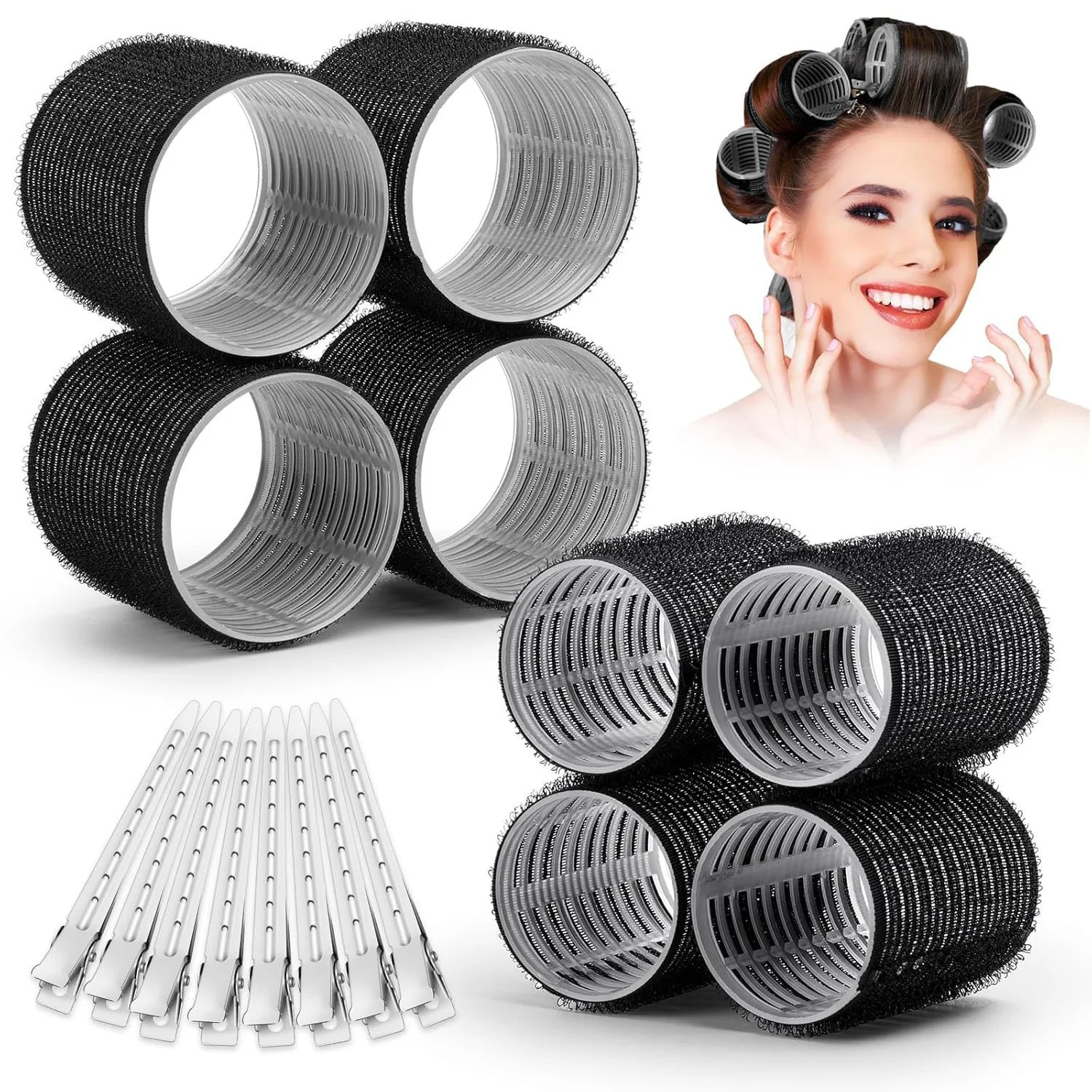 Waydress 6 Pcs Double Layer Bangs Hair Curlers Self Grip Hair Rollers Styling Tools with Rat Tail Comb. 3 Sizes