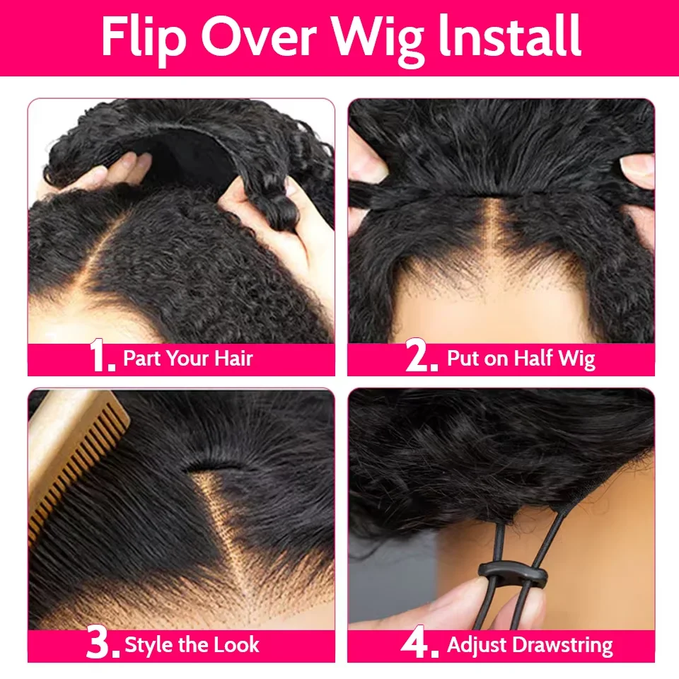 300% Glueless Wigs Human Hair Afro Kinky Curly Headband Wig Upgrade 3 IN 1 Half Wig With Drawstring Seamless Clip Ins Flip Over