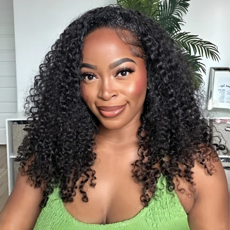 300% Glueless Wigs Human Hair Afro Kinky Curly Headband Wig Upgrade 3 IN 1 Half Wig With Drawstring Seamless Clip Ins Flip Over