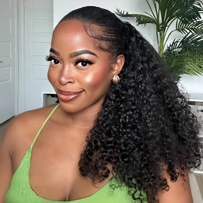 300% Glueless Wigs Human Hair Afro Kinky Curly Headband Wig Upgrade 3 IN 1 Half Wig With Drawstring Seamless Clip Ins Flip Over