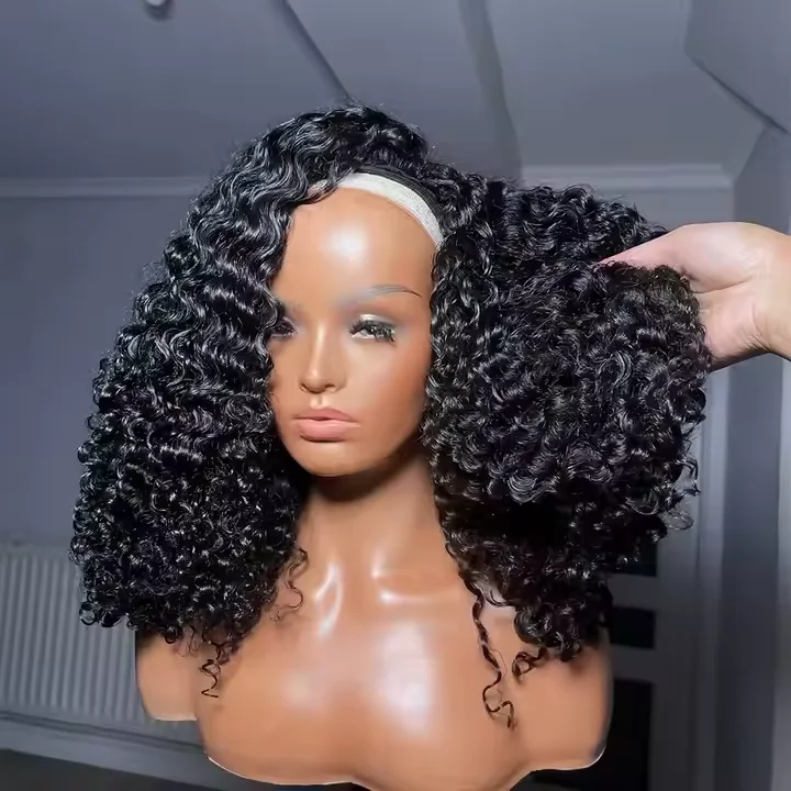 300% Glueless Wigs Human Hair Afro Kinky Curly Headband Wig Upgrade 3 IN 1 Half Wig With Drawstring Seamless Clip Ins Flip Over