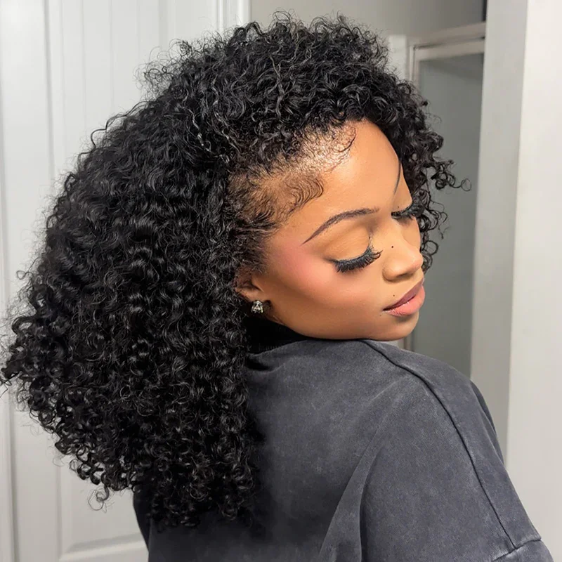 300% Glueless Wigs Human Hair Afro Kinky Curly Headband Wig Upgrade 3 IN 1 Half Wig With Drawstring Seamless Clip Ins Flip Over